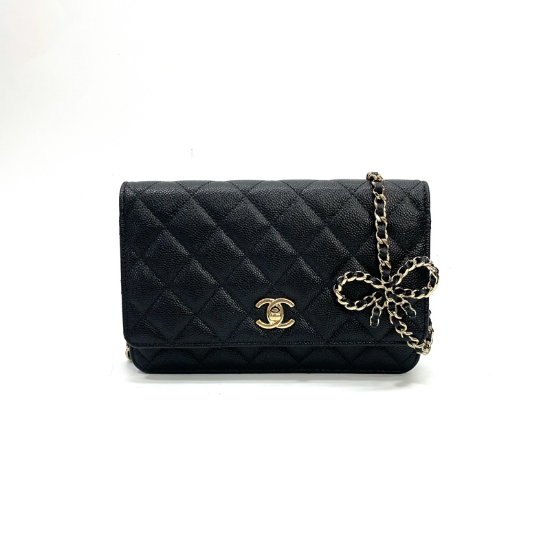 限定版Chanel黑荔枝牛皮金釦蝴蝶結斜背Woc-0