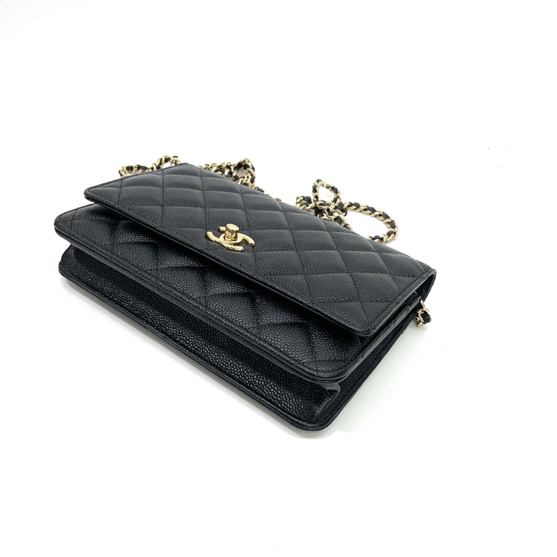 限定版Chanel黑荔枝牛皮金釦蝴蝶結斜背Woc-6