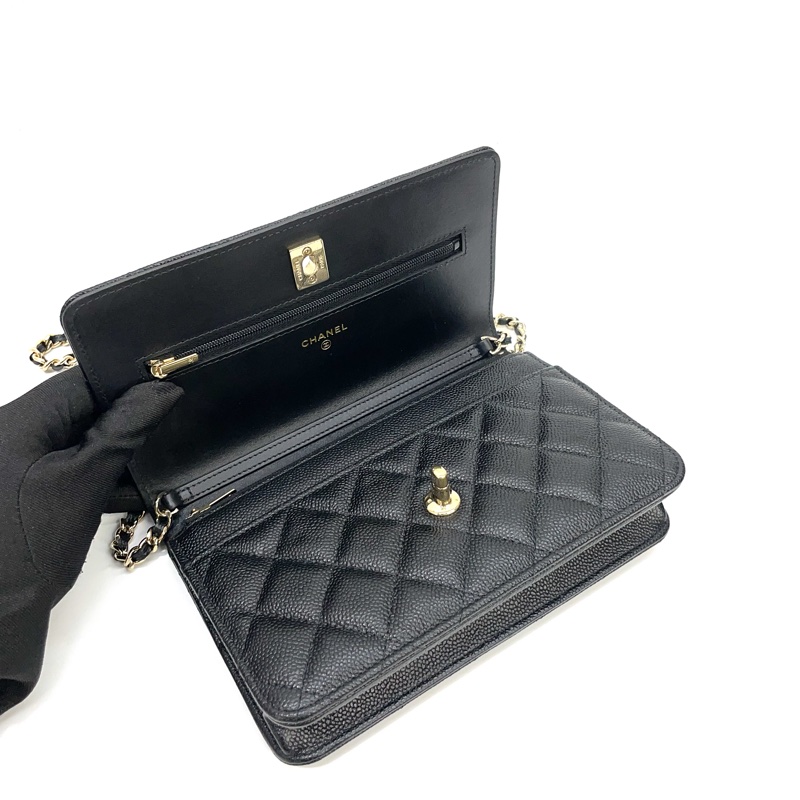 限定版Chanel黑荔枝牛皮金釦蝴蝶結斜背Woc-7