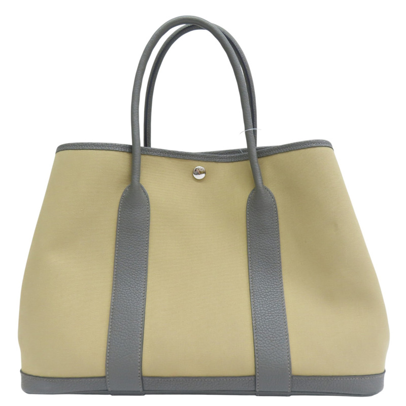 卡其色帆布/灰色牛皮 Garden Party 36 手提包 U刻【HERMES 愛馬仕】-0