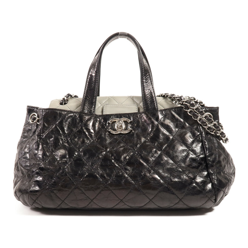 CHANEL 牛皮皮革Chain Shoulder銀扣手挽肩背兩用袋-0