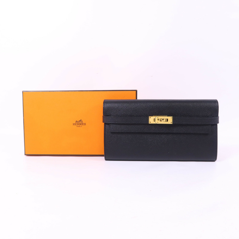 HERMES Epsom皮革Kelly Wallet金扣長錢包Noir-9