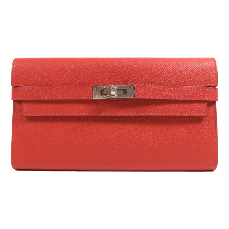 HERMES Epsom皮革Kelly Long Wallet銀扣長錢包Rouge Casaque-0