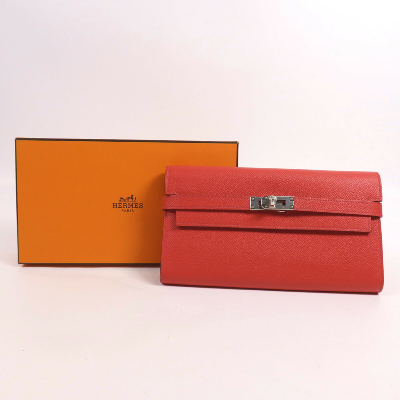 HERMES Epsom皮革Kelly Long Wallet銀扣長錢包Rouge Casaque-9