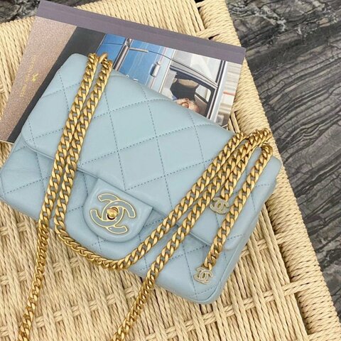 CHANEL 冰淇淋藍金扣22P琺瑯扣大mini肩背包21*14*5.5 99新配件塵袋