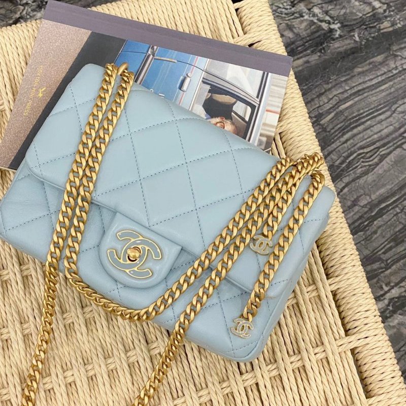 CHANEL 冰淇淋藍金扣22P琺瑯扣大mini肩背包21*14*5.5 99新配件塵袋-0
