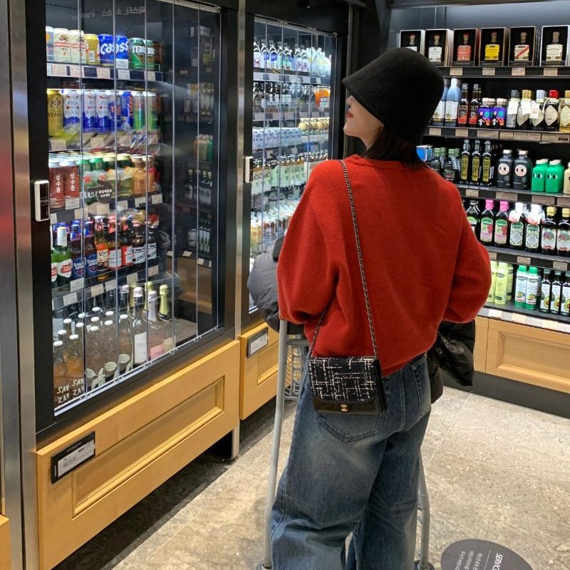 CHANEL 黑色毛呢拼皮woc肩背斜背包19*12*4 98新配件塵袋保卡-1