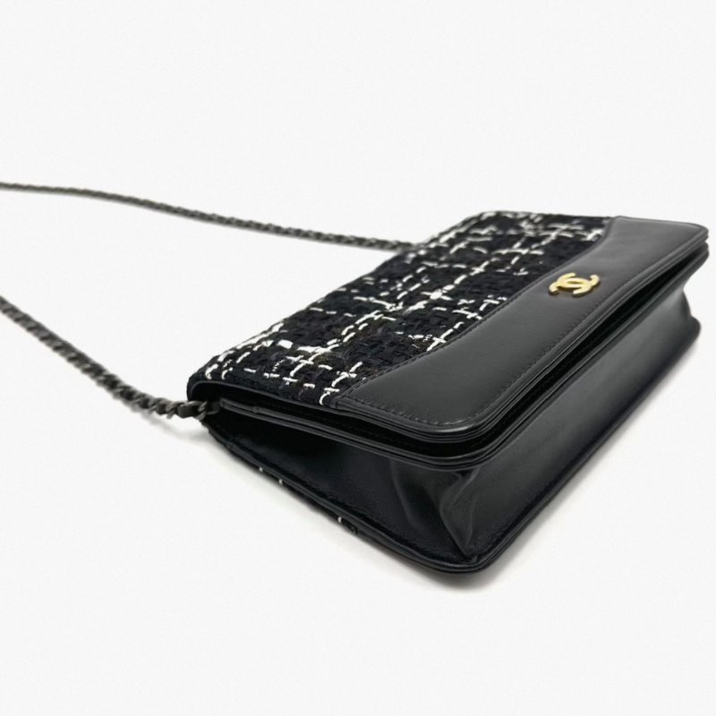 CHANEL 黑色毛呢拼皮woc肩背斜背包19*12*4 98新配件塵袋保卡-3