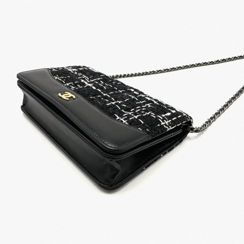 CHANEL 黑色毛呢拼皮woc肩背斜背包19*12*4 98新配件塵袋保卡-4