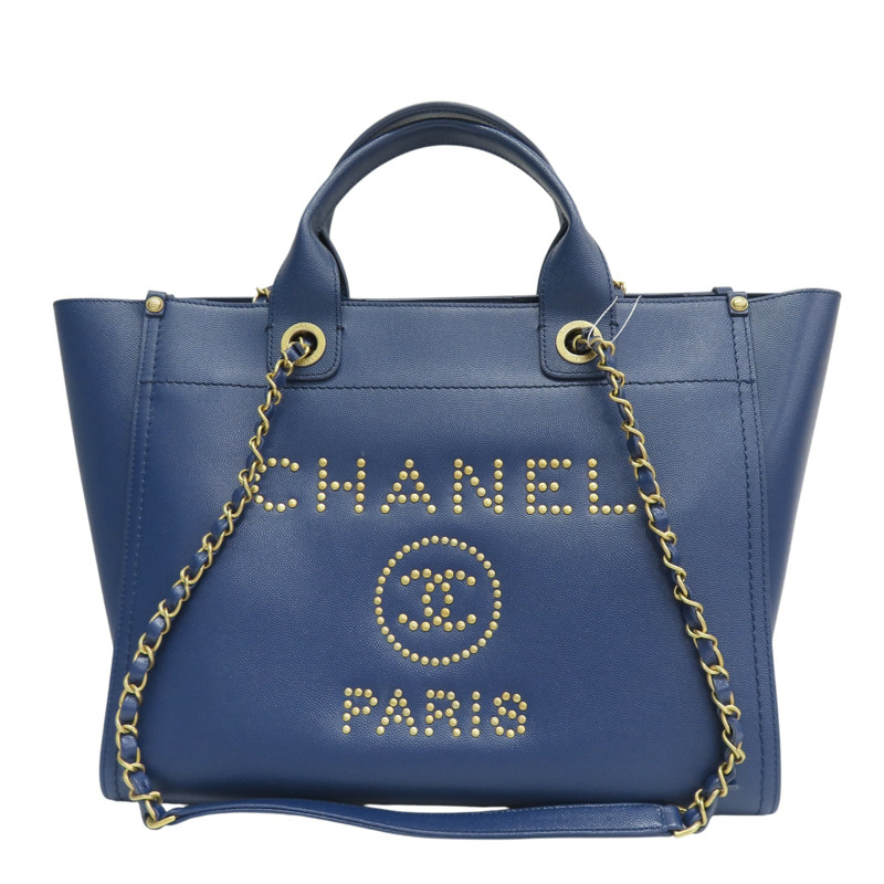藍色 牛皮 Deauville 鉚釘 兩用包 金釦 無卡【CHANEL 香奈兒】 A57069-0