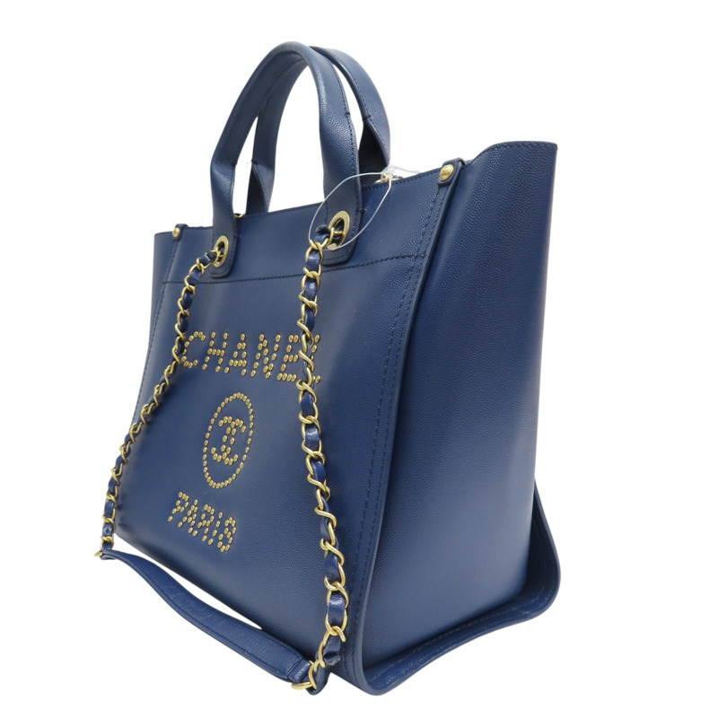 藍色 牛皮 Deauville 鉚釘 兩用包 金釦 無卡【CHANEL 香奈兒】 A57069-2
