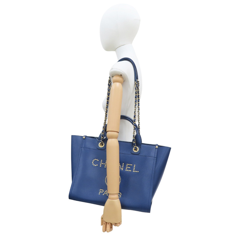 藍色 牛皮 Deauville 鉚釘 兩用包 金釦 無卡【CHANEL 香奈兒】 A57069-8