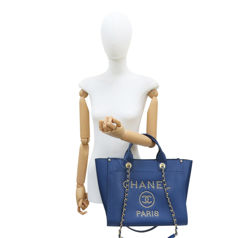 藍色 牛皮 Deauville 鉚釘 兩用包 金釦 無卡【CHANEL 香奈兒】 A57069-9