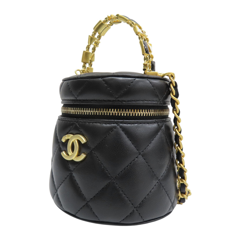 黑色 羊皮 圓桶包 鍊帶 肩背包 金釦【CHANEL 香奈兒】 AP2947-2