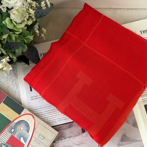 H Logo 喀什米爾羊毛寬版長披肩/圍巾(橘色)