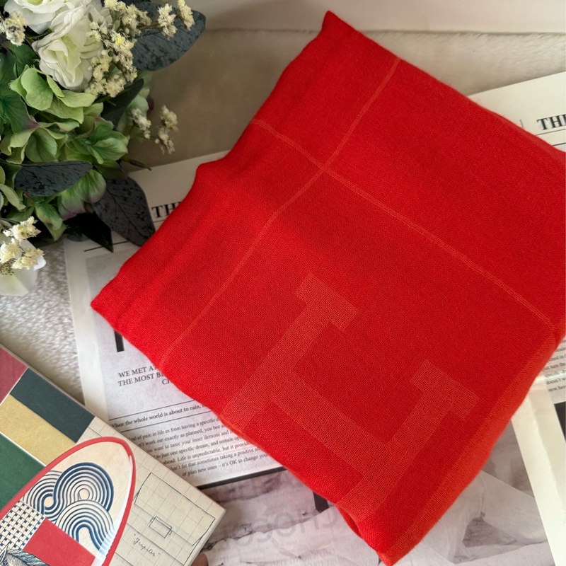 H Logo 喀什米爾羊毛寬版長披肩/圍巾(橘色)-0