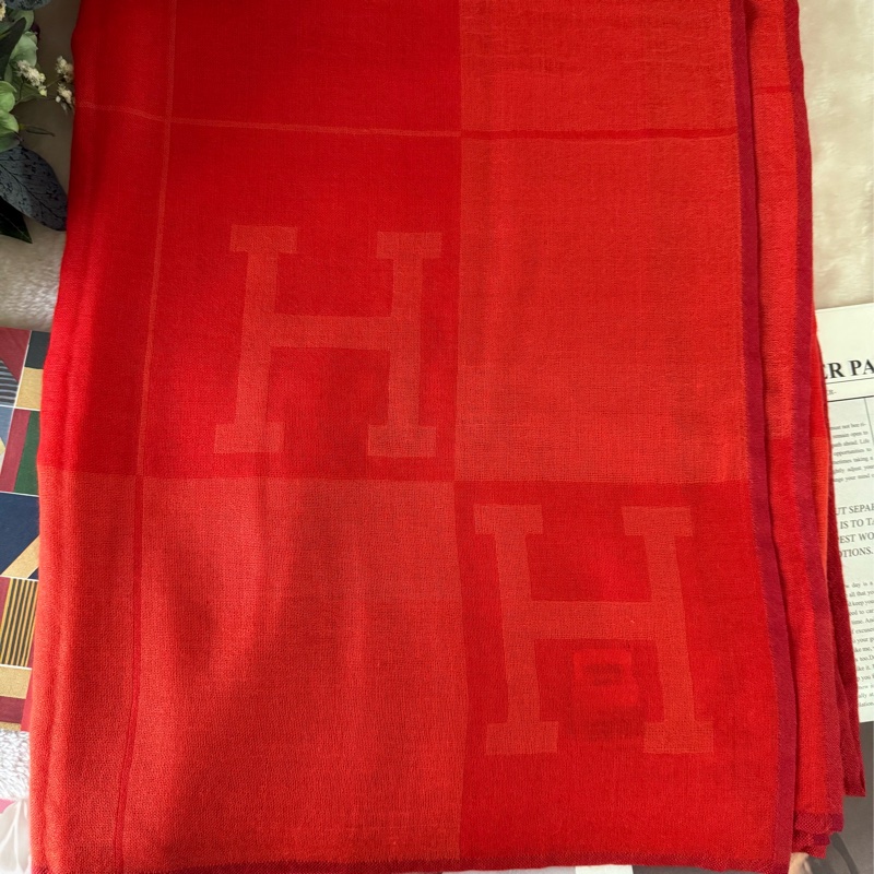 H Logo 喀什米爾羊毛寬版長披肩/圍巾(橘色)-1