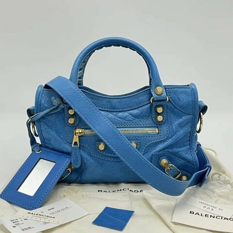 BALENCIAGA 藍色金扣mini手提機車包24*15.5*8 98新配件塵袋鏡子