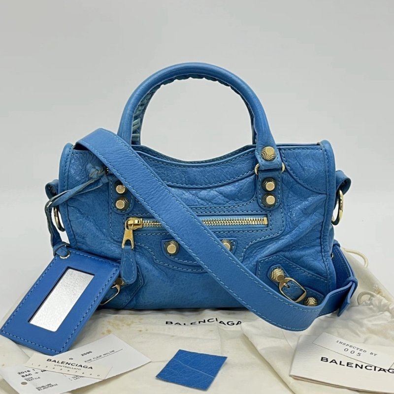 BALENCIAGA 藍色金扣mini手提機車包24*15.5*8 98新配件塵袋鏡子-0