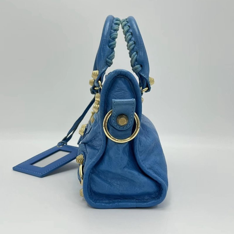 BALENCIAGA 藍色金扣mini手提機車包24*15.5*8 98新配件塵袋鏡子-1