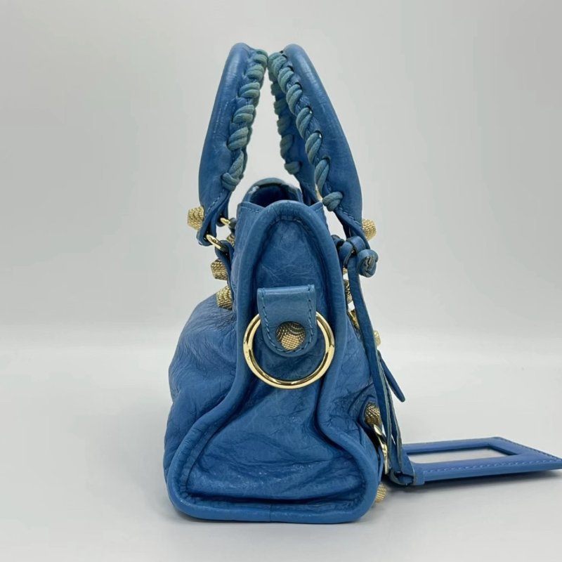 BALENCIAGA 藍色金扣mini手提機車包24*15.5*8 98新配件塵袋鏡子-2