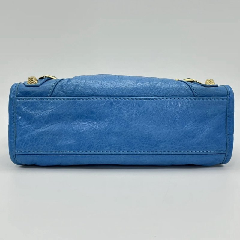 BALENCIAGA 藍色金扣mini手提機車包24*15.5*8 98新配件塵袋鏡子-3