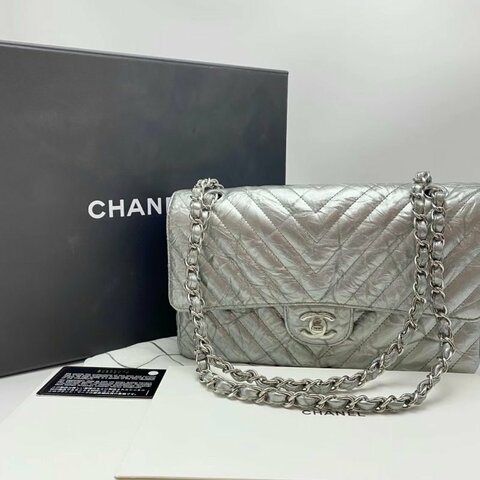 CHANEL 限量液態銀色V紋CF中號25*15*7 98新配件盒子塵袋保卡