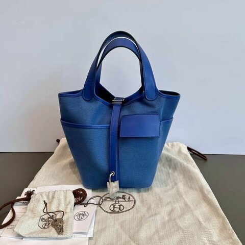 HERMES cargo海軍藍菜籃子18手提包18*18*14 98新配件塵袋鑰匙鎖購證