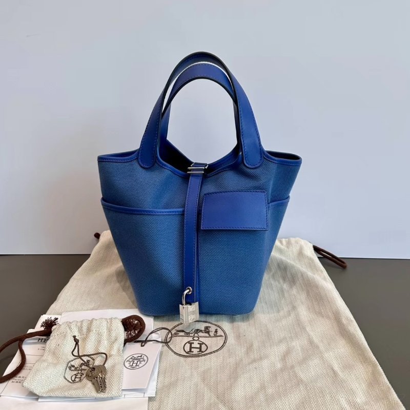 HERMES cargo海軍藍菜籃子18手提包18*18*14 98新配件塵袋鑰匙鎖購證-0