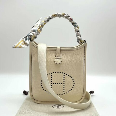 HERMES 奶油白金扣mini伊芙琳肩背斜背包17*18.5*5 98新配件塵袋