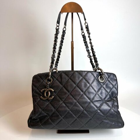 CHANEL 10開 深藍銀荔枝牛皮單肩托特包