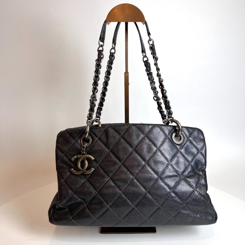 CHANEL 10開 深藍銀荔枝牛皮單肩托特包-0