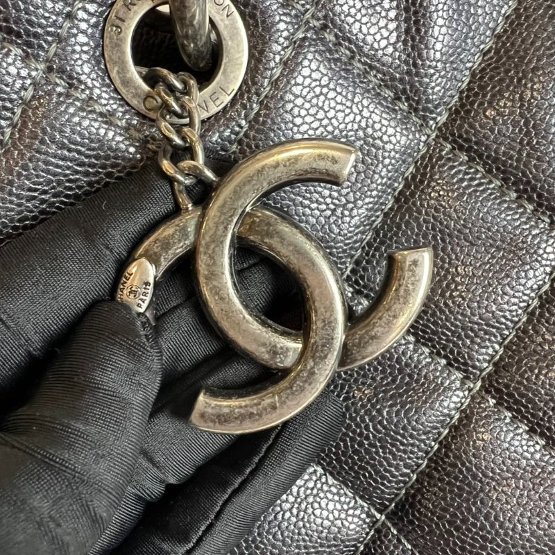 CHANEL 10開 深藍銀荔枝牛皮單肩托特包-8