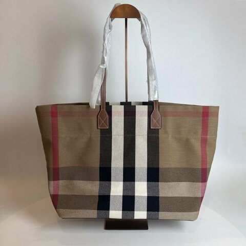 全新品 BURBERRY 8084047 格紋棉質帆布及牛皮中型托特