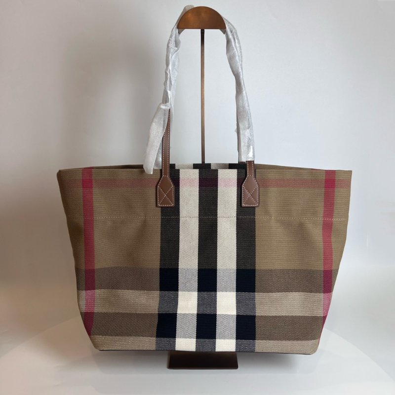 全新品 BURBERRY 8084047 格紋棉質帆布及牛皮中型托特-0