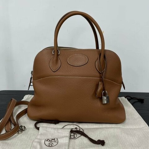 HERMES Bolide金棕色銀扣保齡球包31手提肩背斜背包31*23*12 99新配件塵袋鑰匙鎖