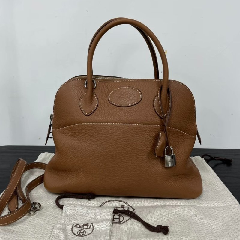 HERMES Bolide金棕色銀扣保齡球包31手提肩背斜背包31*23*12 99新配件塵袋鑰匙鎖-0