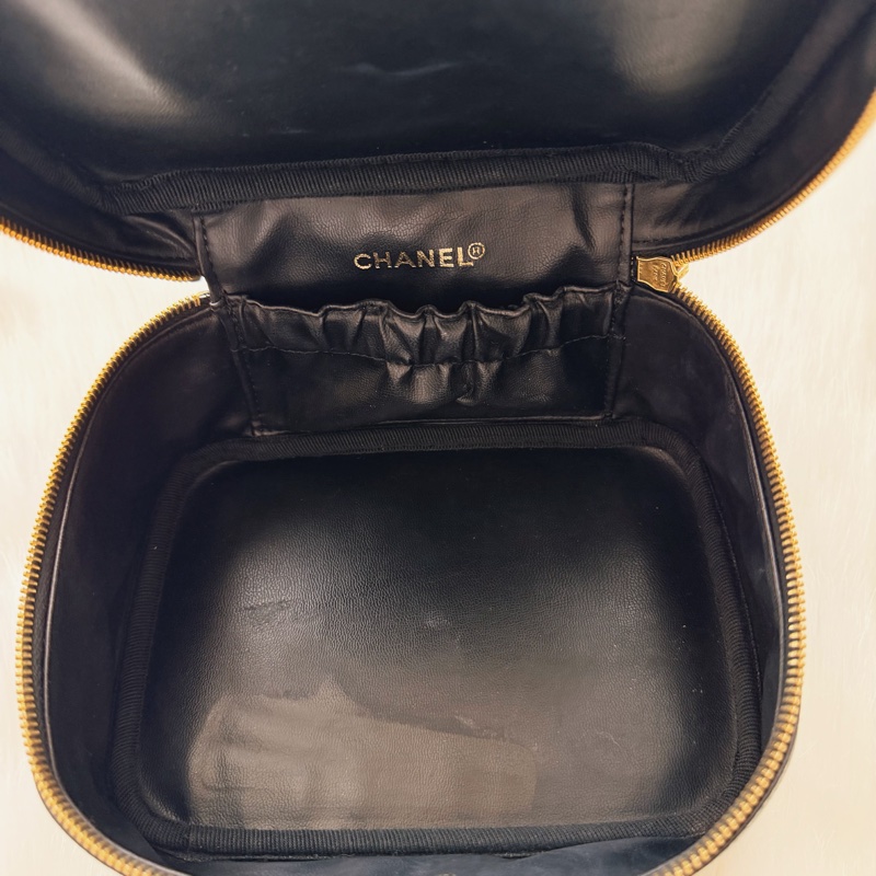 CHANEL香奈兒 荔枝皮 黑金 化妝包 手提包-7