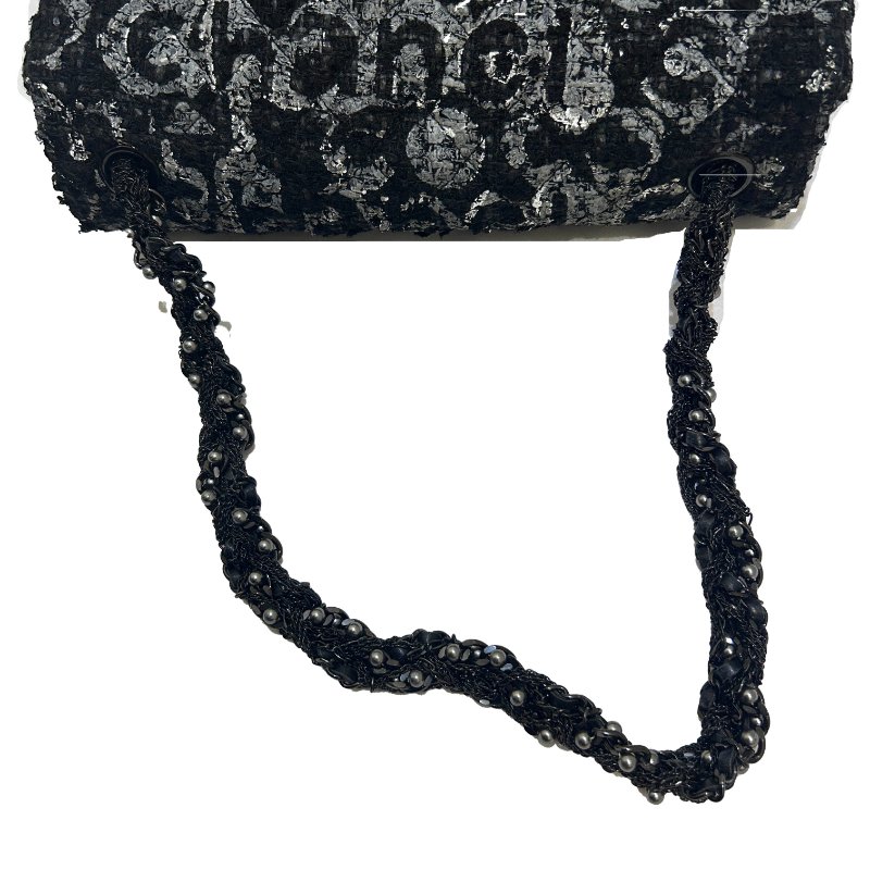 CHANEL 黑色毛呢珍珠雙C肩背鍊包-8