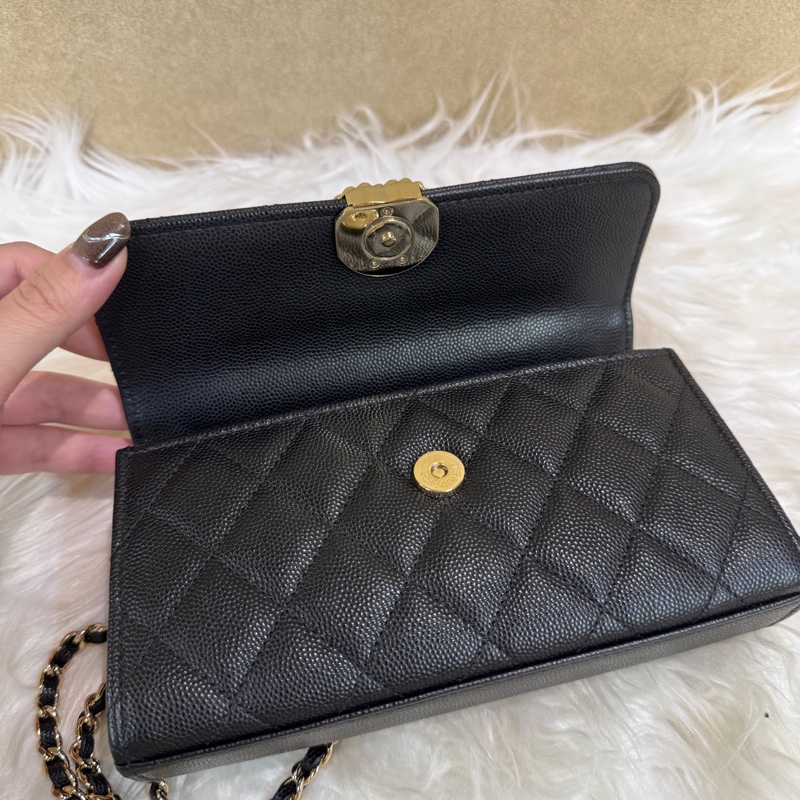 Chanel Kelly 黑金荔枝皮手提斜背包 晶片款-7