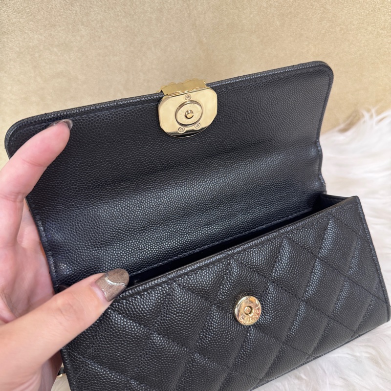 Chanel Kelly 黑金荔枝皮手提斜背包 晶片款-9