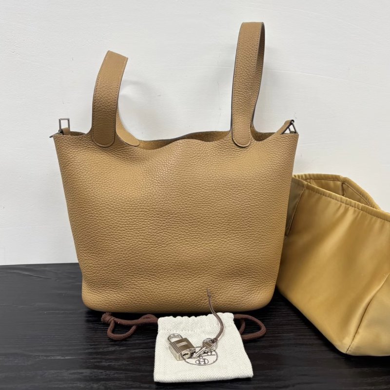 HERMES 奶茶色銀扣菜籃子22手提袋22*22*18 98新配件塵袋鑰匙鎖-0