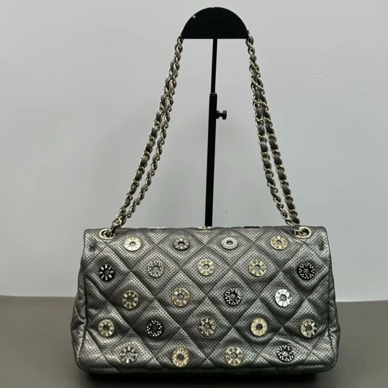 CHANEL 金幣滿鑽徽章CF銀色鏤空肩背斜背包30*17*6 98新配件塵袋-5