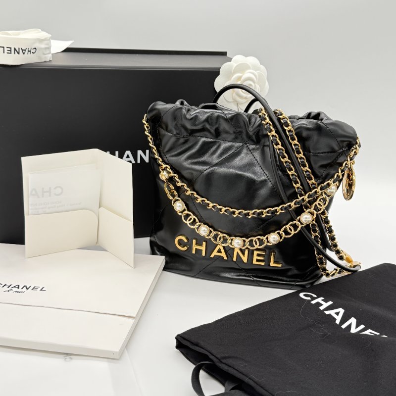 全網唯一✨甜價來襲【大全套♥️ 珍珠稀有限量款】CHANEL 香奈兒 22bag Mini 黑色 牛皮 珍珠手提鏈條⛓️ 皮穿鏈肩帶（可以拆卸）｜-0