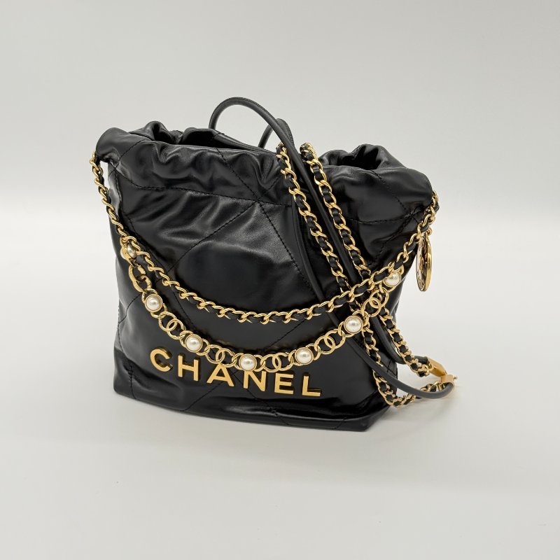 全網唯一✨甜價來襲【大全套♥️ 珍珠稀有限量款】CHANEL 香奈兒 22bag Mini 黑色 牛皮 珍珠手提鏈條⛓️ 皮穿鏈肩帶（可以拆卸）｜-1