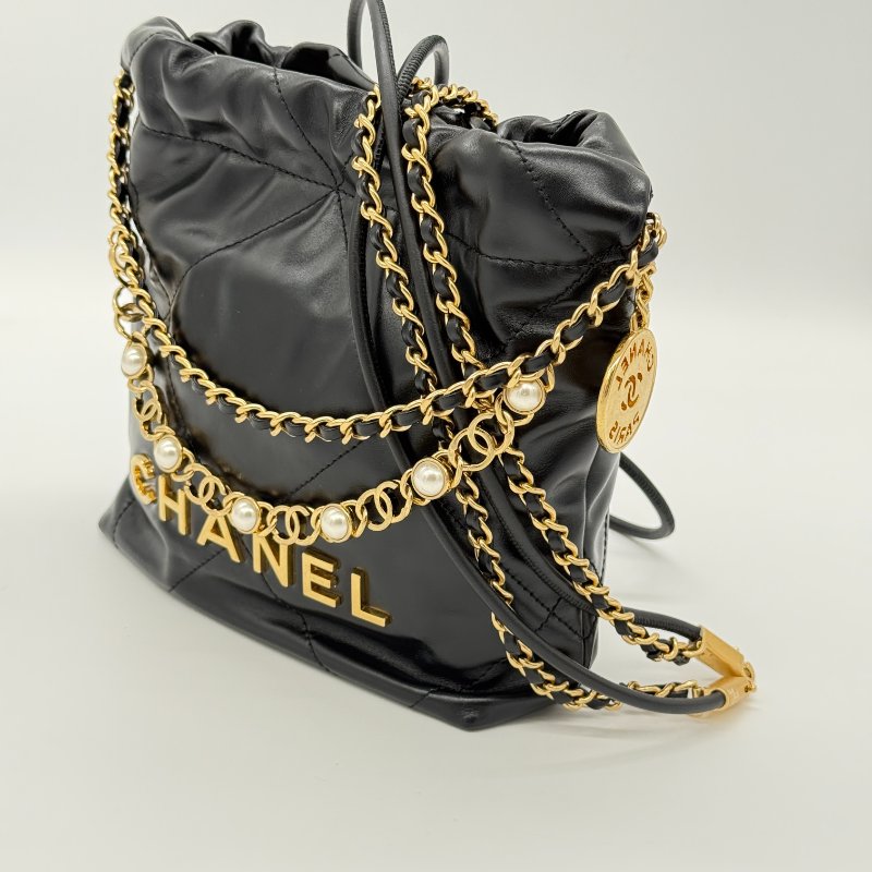 全網唯一✨甜價來襲【大全套♥️ 珍珠稀有限量款】CHANEL 香奈兒 22bag Mini 黑色 牛皮 珍珠手提鏈條⛓️ 皮穿鏈肩帶（可以拆卸）｜-6