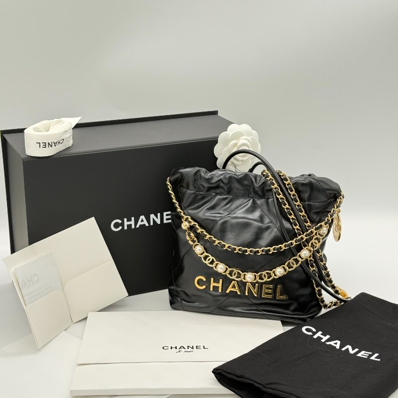 全網唯一✨甜價來襲【大全套♥️ 珍珠稀有限量款】CHANEL 香奈兒 22bag Mini 黑色 牛皮 珍珠手提鏈條⛓️ 皮穿鏈肩帶（可以拆卸）｜-14