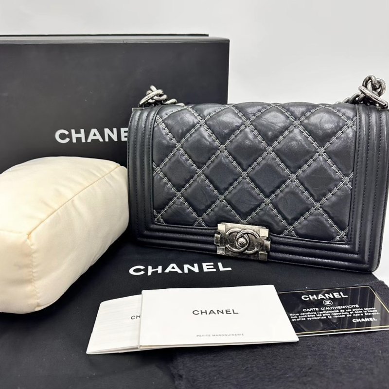 CHANEL 黑銀Leboy中號外縫線肩背斜背包25*14*7 98新配件盒子塵袋保卡-0