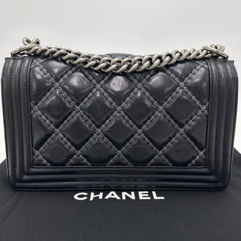 CHANEL 黑銀Leboy中號外縫線肩背斜背包25*14*7 98新配件盒子塵袋保卡-1