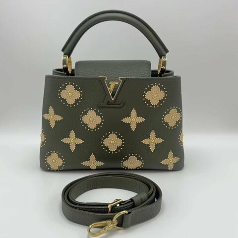 LV 墨綠色Capucines Flowers鉚釘手提斜背包27*17.5*9 98新配件塵袋